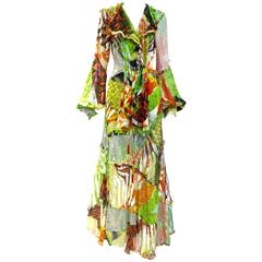 spring 2002 Gianfranco Ferre- runway green silk print bohemian ensemble 6