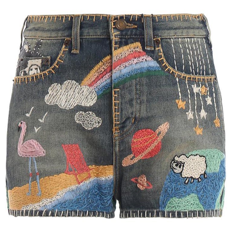 Saint Laurent SS19 Multicolor Embroidered Denim Jean Shorts Size 29