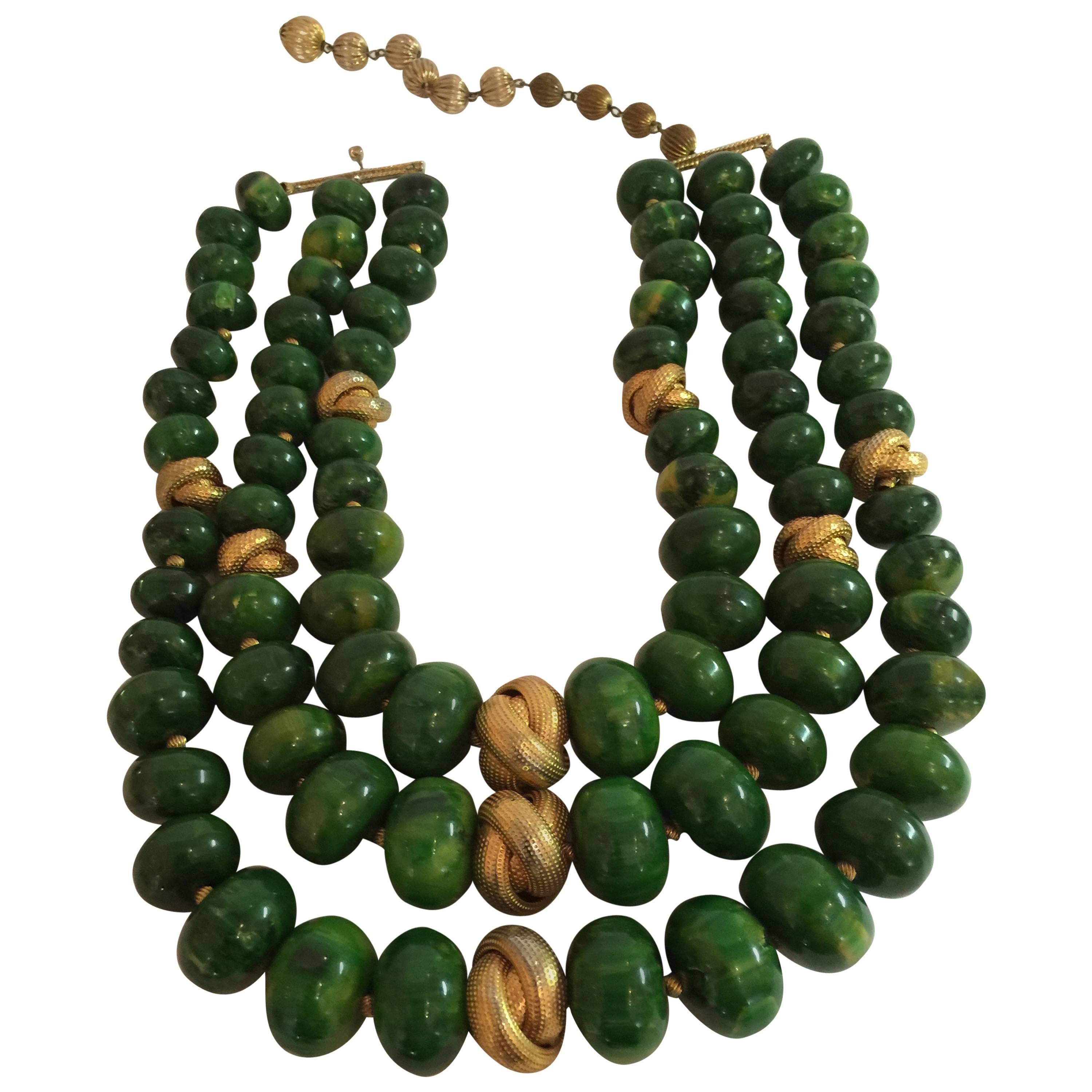 1950s CASTLECLIFF Faux Jade 3 strand Bakelite and Goldtone Knot Bead Necklace