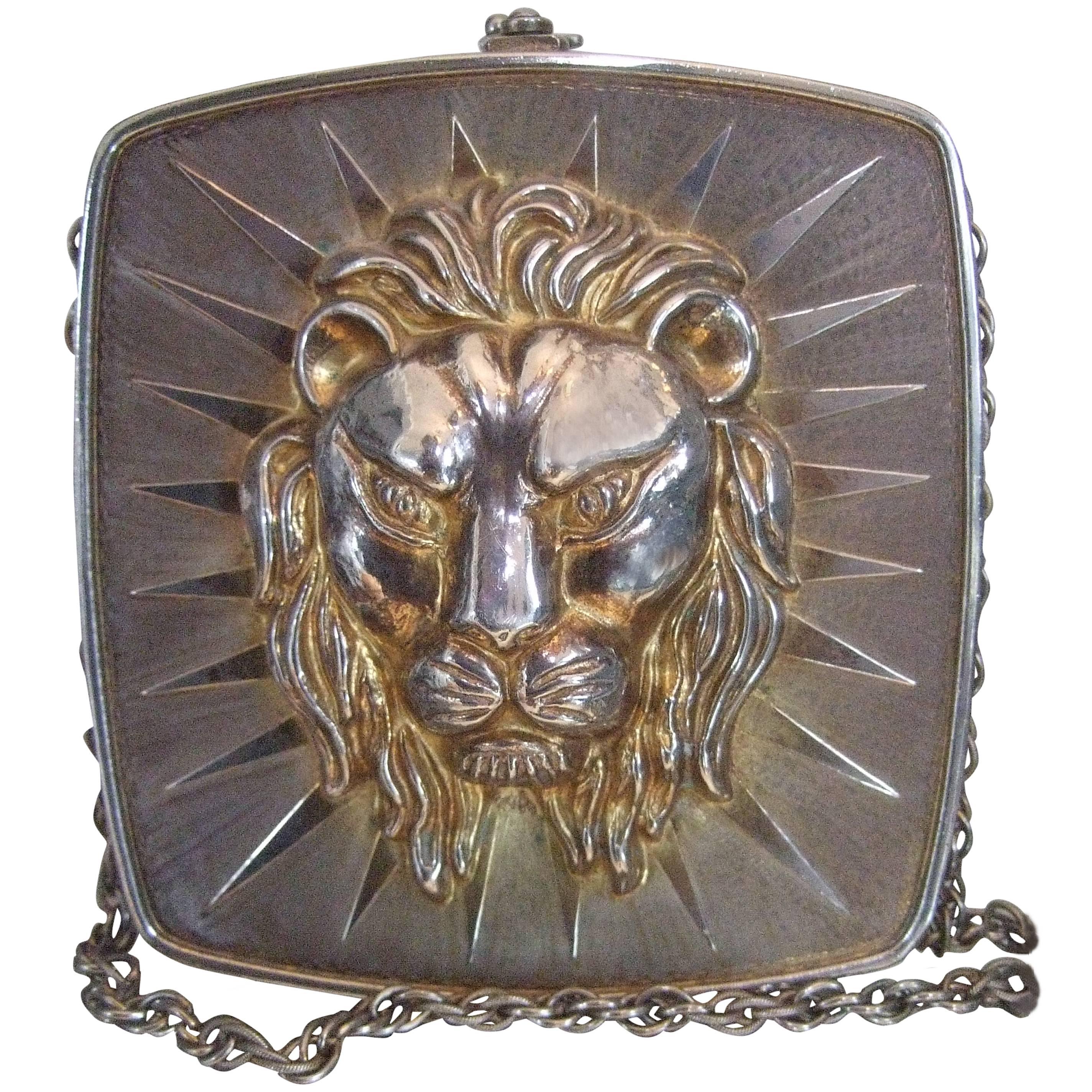 Ornate Metal Lion Emblem Evening Bag Made in Italy c 1970s