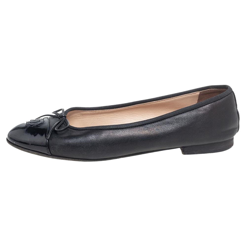 Chanel Black Leather CC Cap Toe Bow Ballet Flats Size 38.5 at