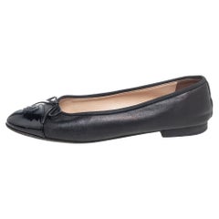 Chanel Black Leather CC Cap Toe Bow Ballet Flats Size 38.5