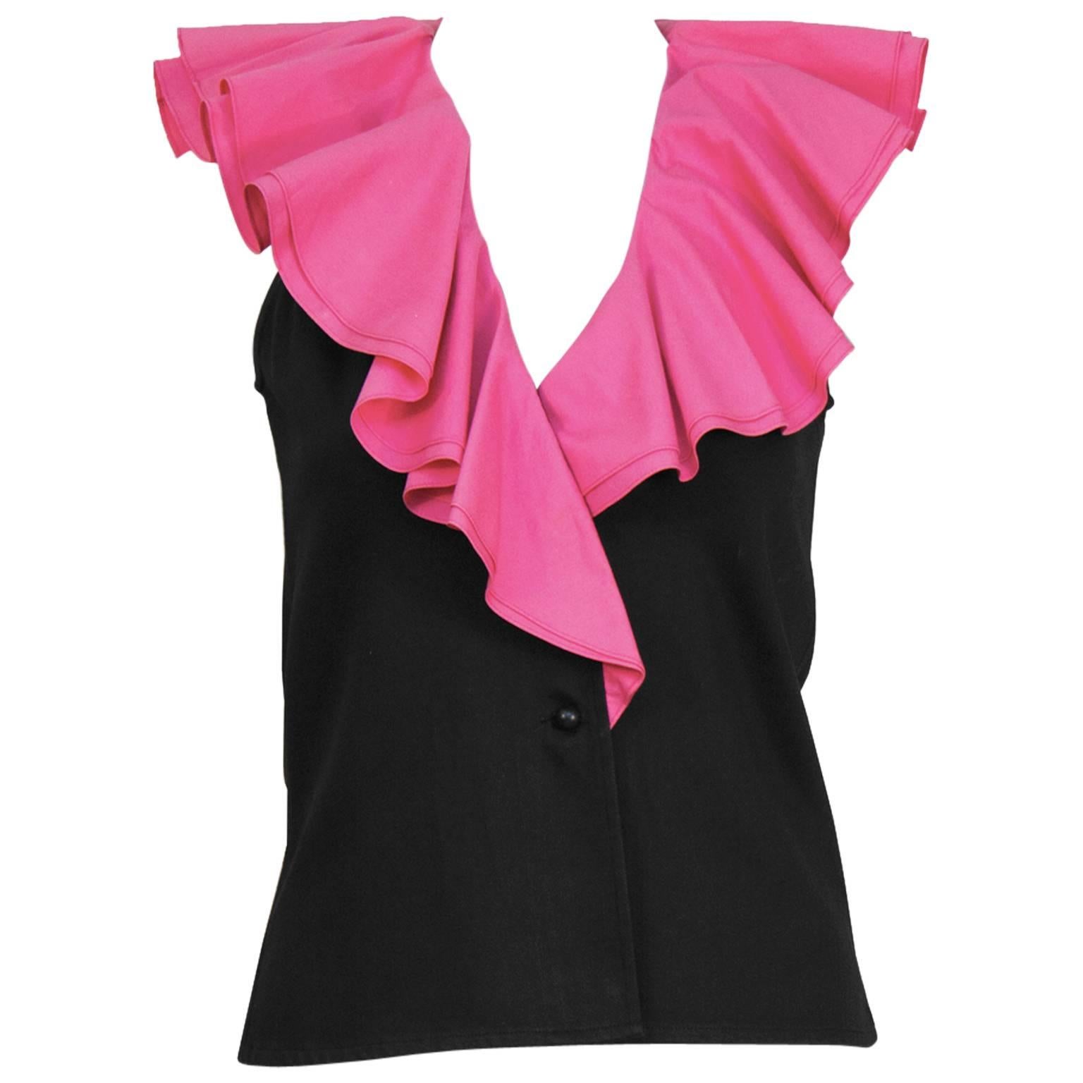 1980's Yves Saint Laurent YSL Black Sleeveless Top with Ruffles