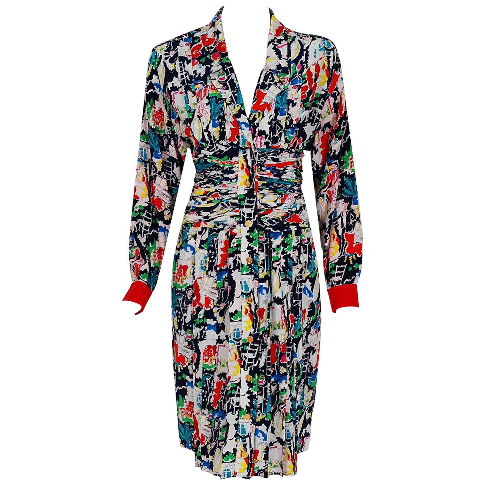 1990's Chanel Colorful Paris-City Scenic Novelty Print Ruched Silk Pleated Dress