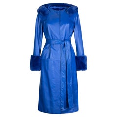 Verheyen London Aurora Leather Trench Coat in Blue with Faux Fur, Size 10