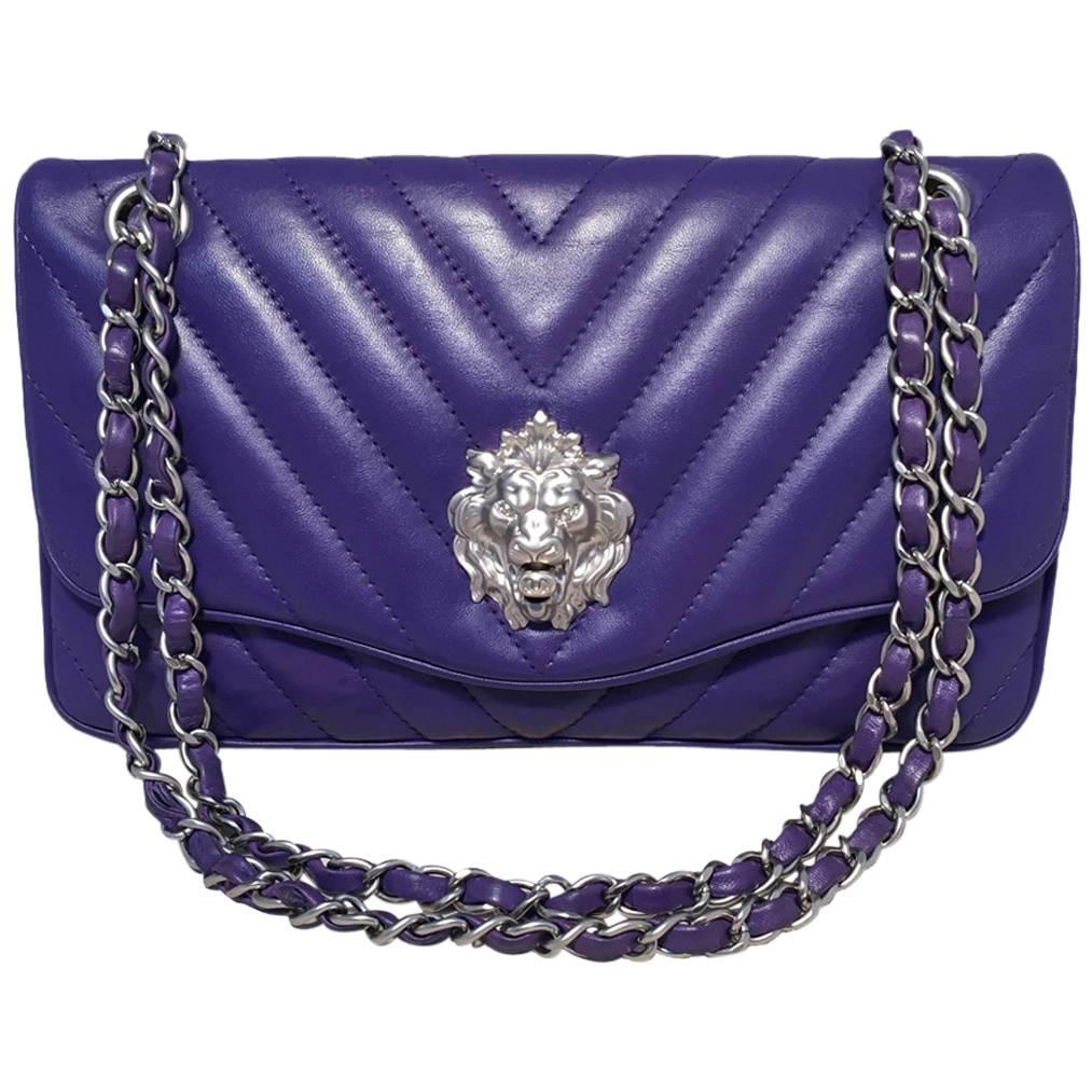 Chanel Purple Lambskin Leather Lion's Head Classic Flap Shoulder Bag