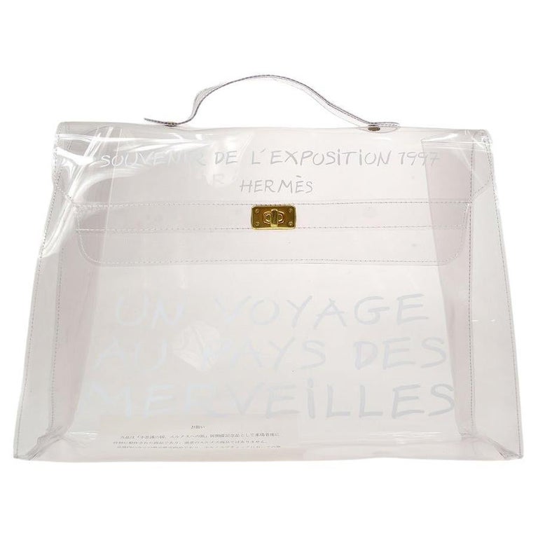 HERMES Kelly Clear Transparent PVC Vinyl Souvenir Travel Top Handle Tote Bag  For Sale at 1stDibs | clear birkin, hermes pvc, kelly travel bag