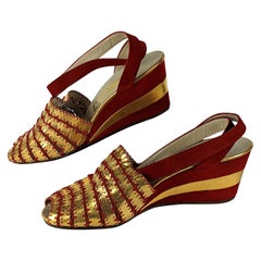 Art Deco Ferragamo Gold Kid and Red Suede Wedges