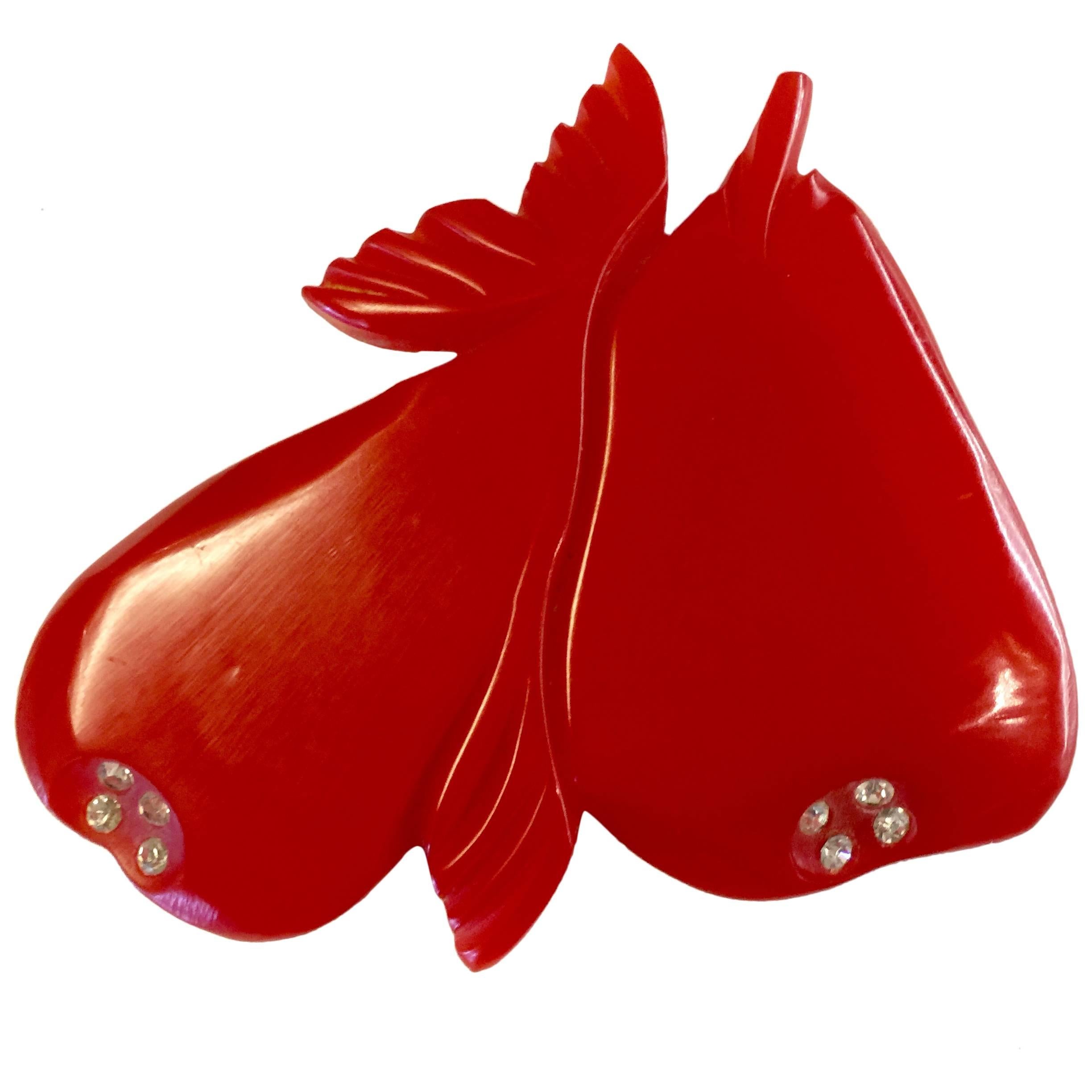 1930s RED Bakelite Double Pears Pin Brooch Rhinestone Detail For Sale