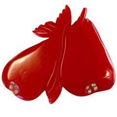 1930s RED Bakelite Double Pears Pin Brooch Rhinestone Detail