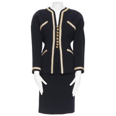Retro CHANEL COUTURE black wool crystal bead embellished  4 pocket jacket skirt suit