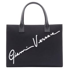 new VERSACE Gianni GV Signature logo embroidery black canvas handle tote bag