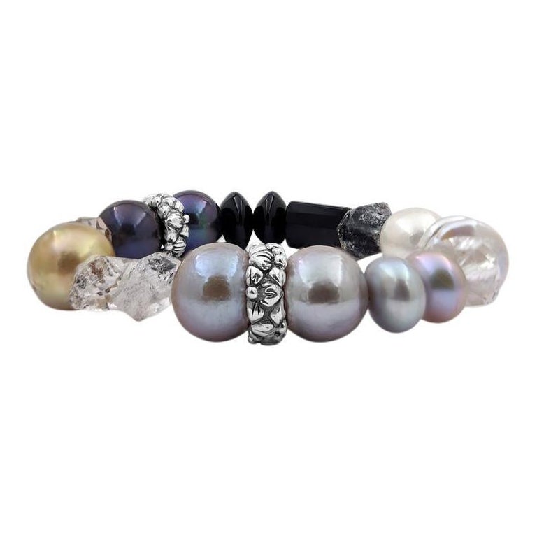 Bracelet en perles, agate noire, diamant, cristal de roche, quartz fumé  en vente