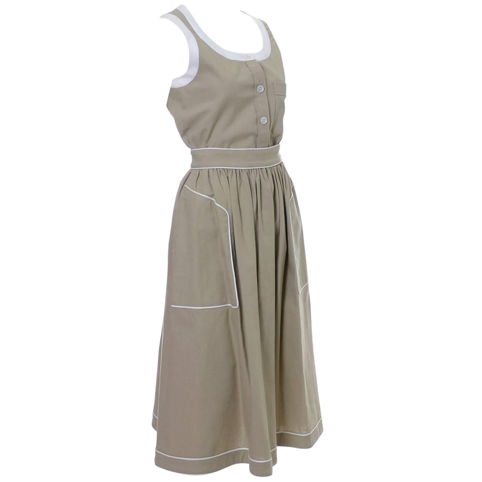 Gray 1970s Valentino Vintage 2pc Linen Dress Skirt & Top Outfit Linen w White Piping For Sale