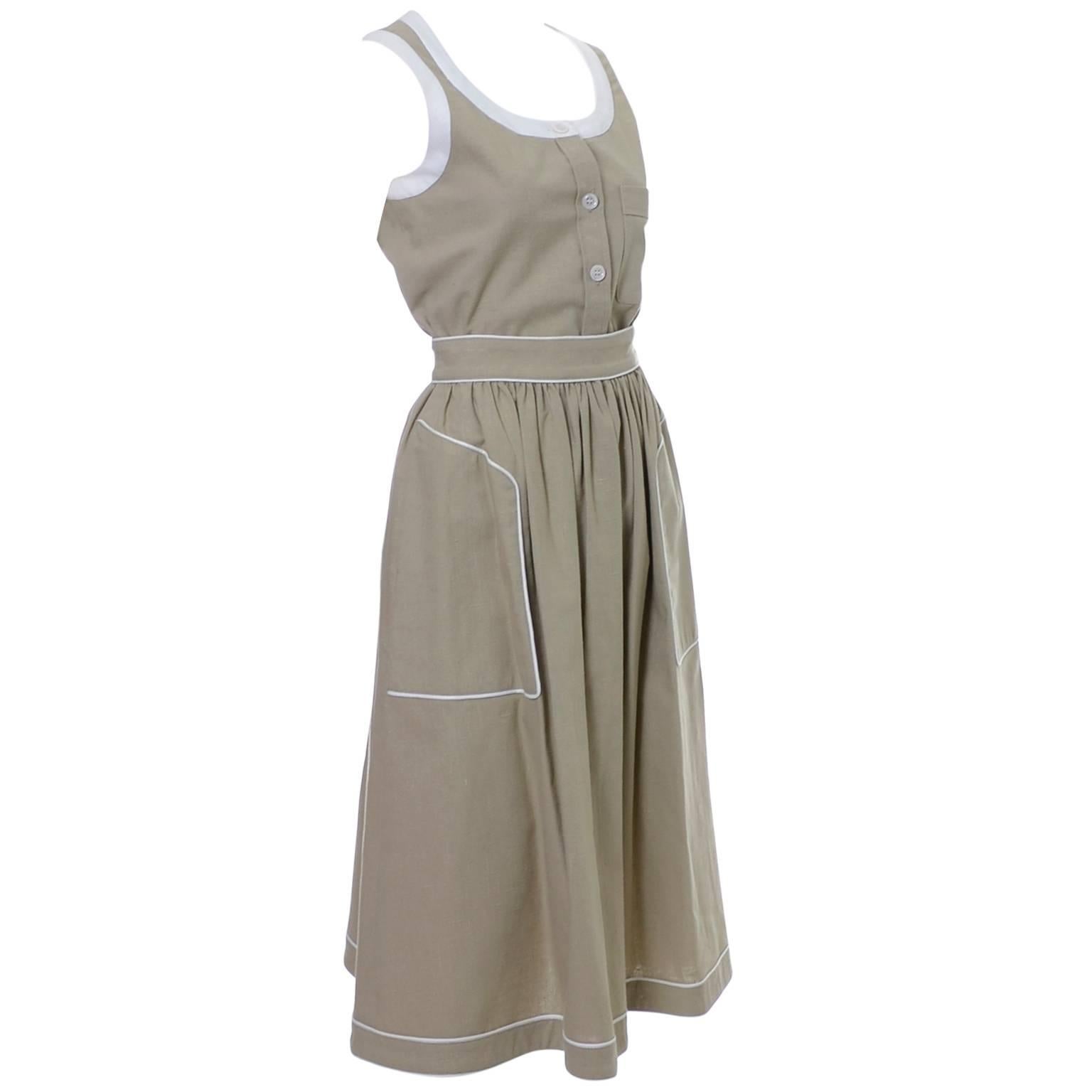 1970s Valentino Vintage 2pc Lino Vestido Falda y Top Conjunto Lino con Ribete Blanco 1
