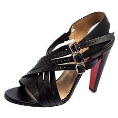 Used Christian Louboutin Black Leather Buckle Cross Strap Sandals Size 37