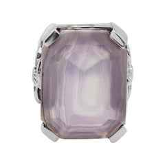 Antique Large Natural Quartz & Purple Agate Ring In Sterling Silver