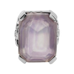 Anillo grande de cuarzo natural y ágata púrpura en plata de ley