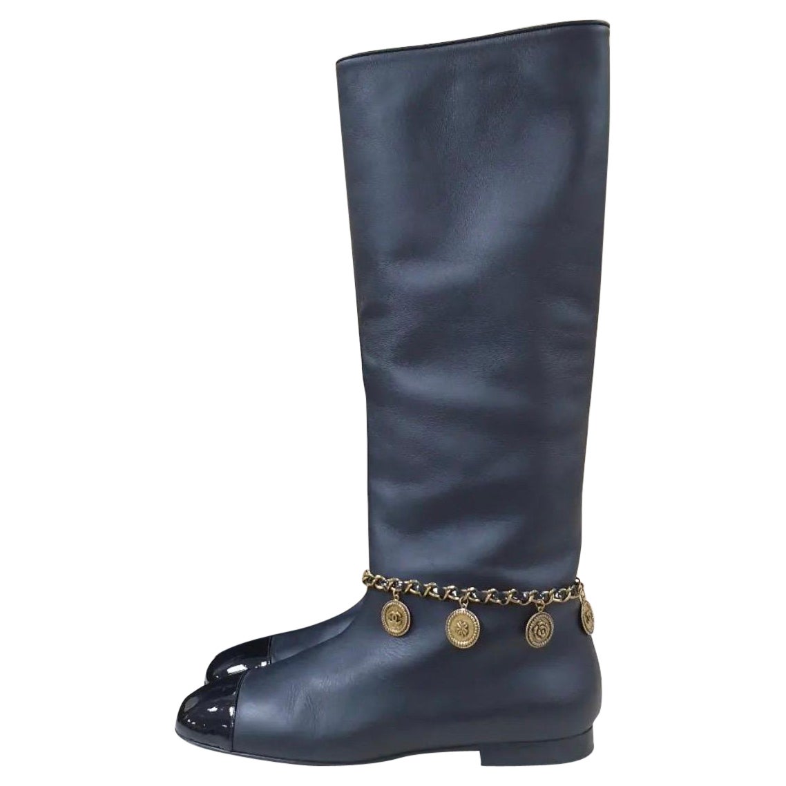Chanel Boots 8/38 Tall Combat Vintage Black Leather CC Gold Lace