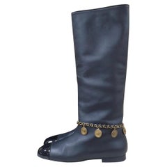 CHANEL 17A Leather Knee High Boots Gold CC Coin Charms For Sale at
