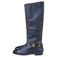 CHANEL 17A Leather Knee High Boots Gold CC Coin Charms
