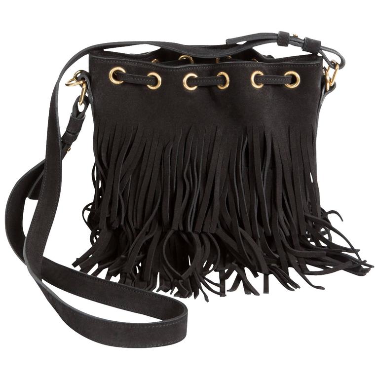 Yves Saint Lau Black Suede Fringed Emmanuelle Bucket Bag For Yves Saint Lau Black Suede Fringed Emmanuelle Bucket Bag For