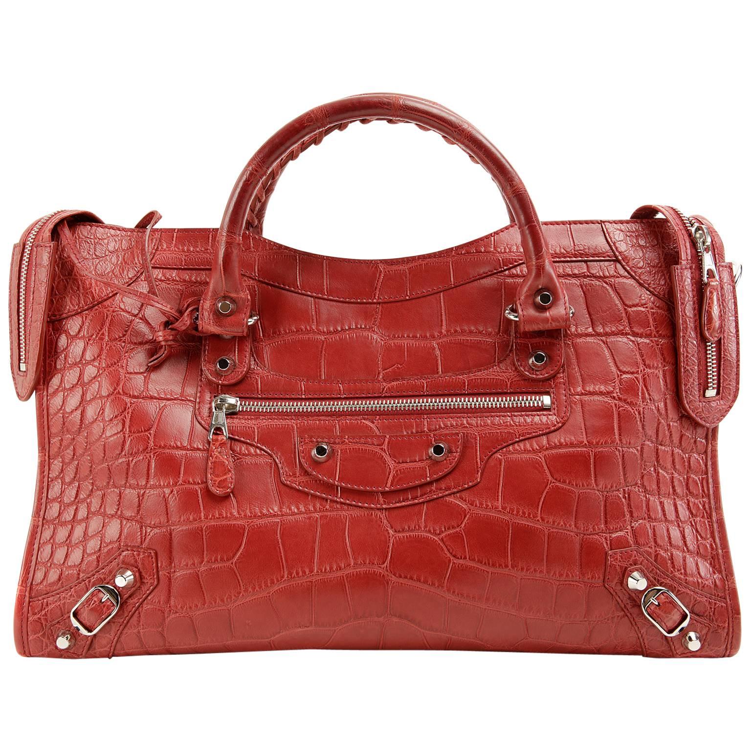 Balenciaga Red Matte Crocodile City Bag For Sale