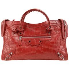 Balenciaga Red Matte Crocodile City Bag