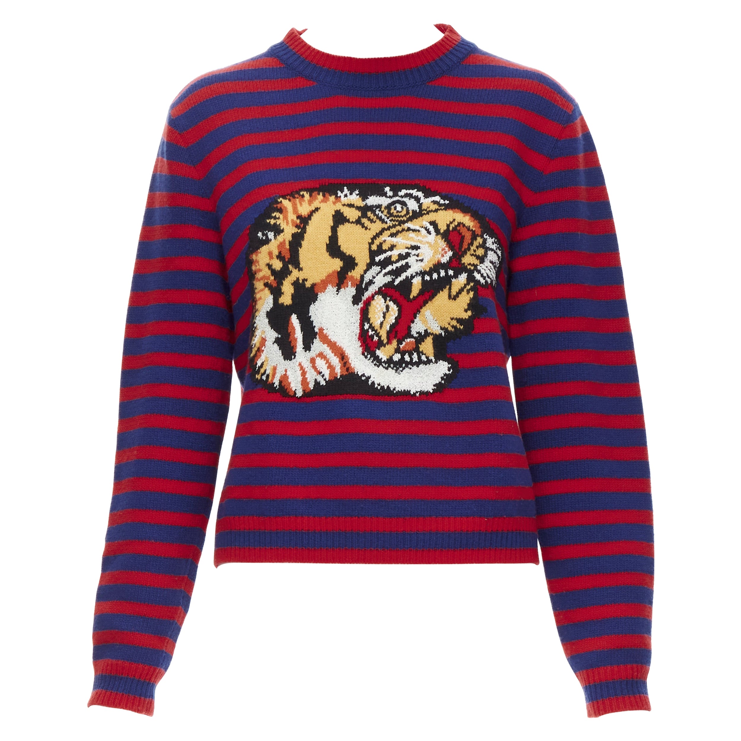 GUCCI 100% wool blue red striped Tiger embroidery long sleeve sweater S For Sale