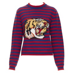 Used GUCCI 100% wool blue red striped Tiger embroidery long sleeve sweater S