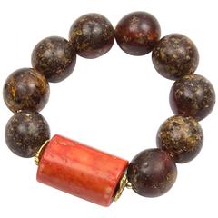 Antique Large Tibetan Natural Amber and Coral Bead Bracelet 5