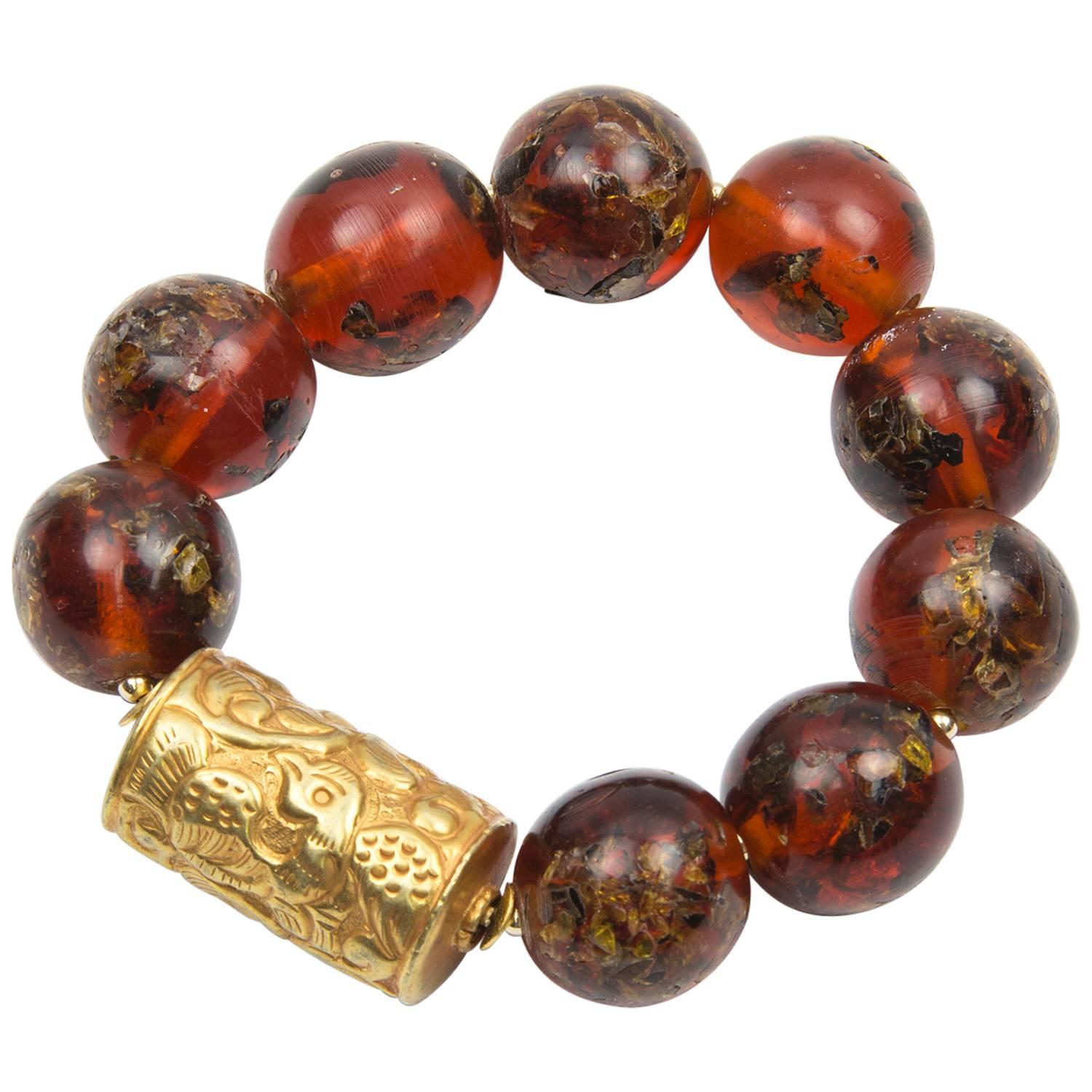 Antique Tibetan Natural Amber and Embossed Gold Bead Bracelet