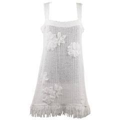 Chanel Pure White Cotton Sleeveless Flowered Shift Dress