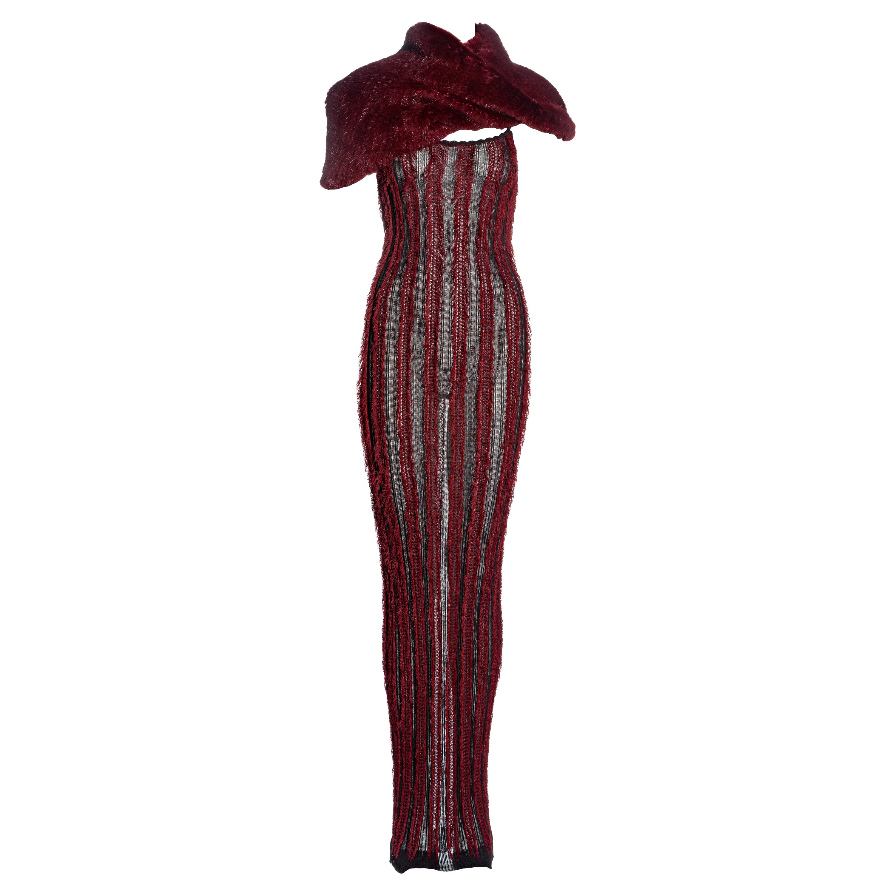 Christian Dior by John Galliano red floor-length dress and fur snood, fw 1999 For Sale