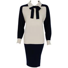 1990's Chanel Navy-Blue & Ivory Cashmere Block-Color Bow Sweater & Skirt Set