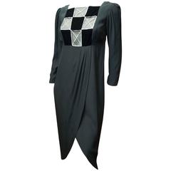 1980s Bob Mackie Black Crepe Long Sleeve Cocktail Dress with Crystal Illusion 10