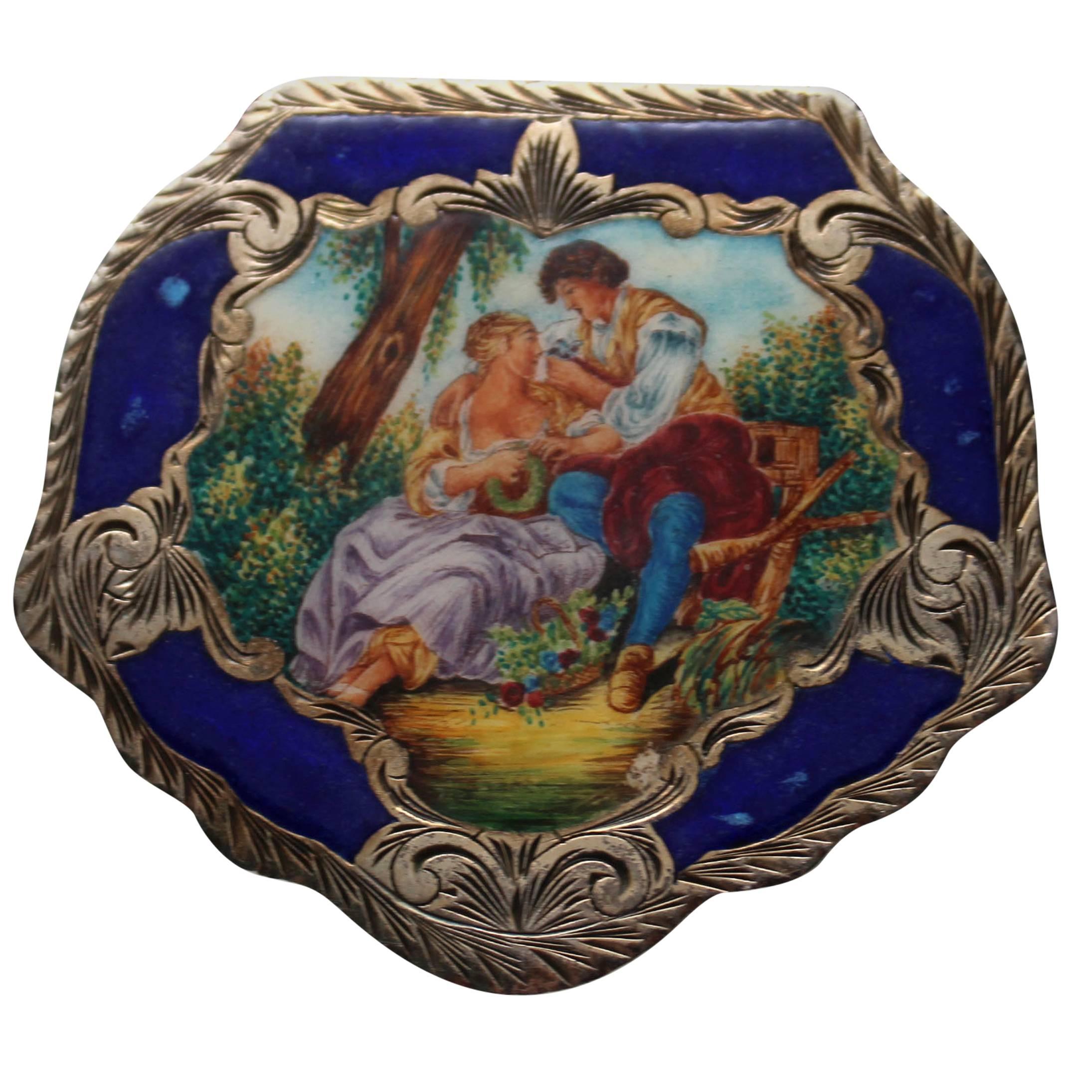 Vintage Sterling and Enamel Italian Compact Box, Francois Boucher, The Bird Cage For Sale