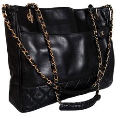 1990's Chanel Black Quilted Leather Gold Hardware Large Shoulder-Bag Purse