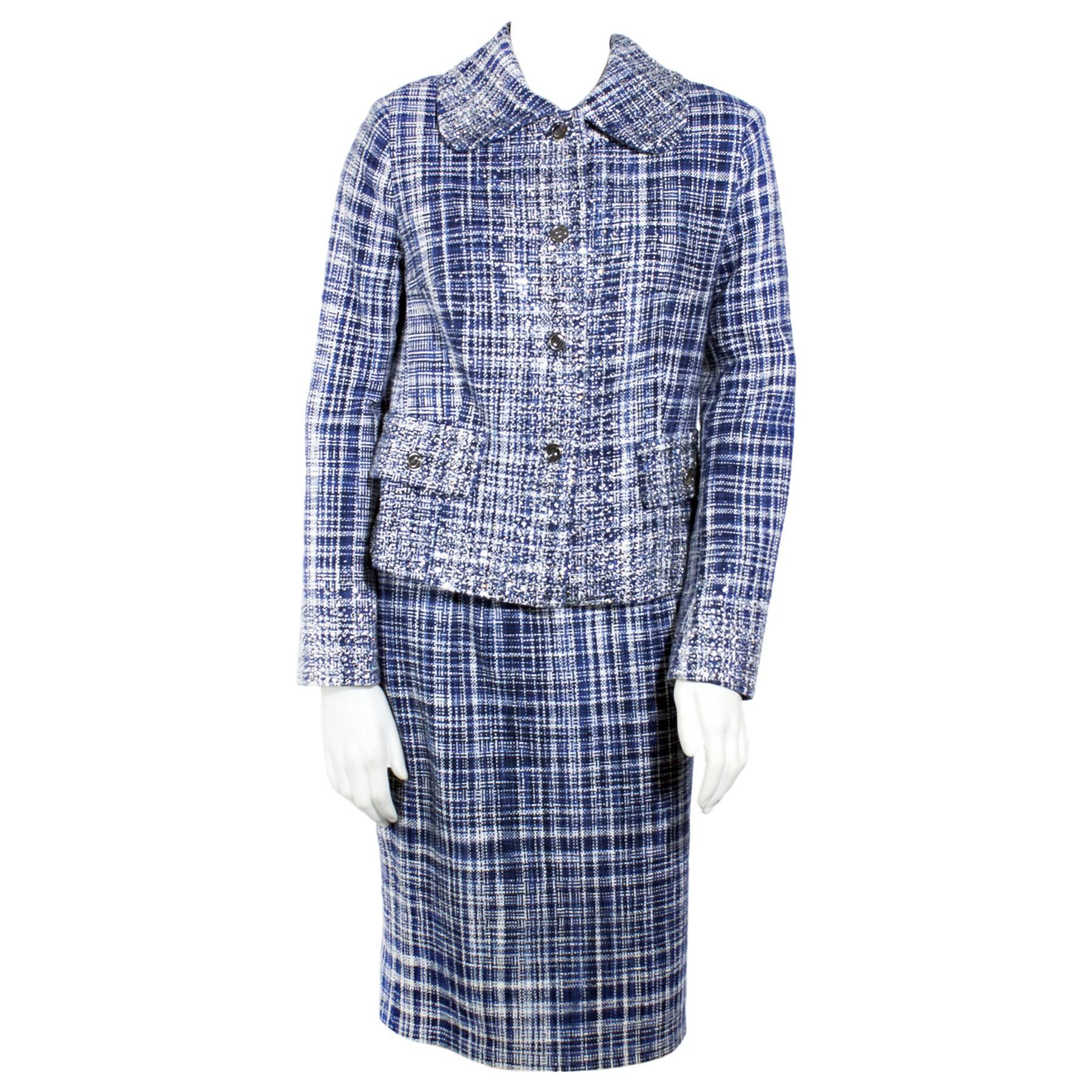 Dolce & Gabbana Navy Plaid Beaded Two Piece Skirt And Jacket Set
