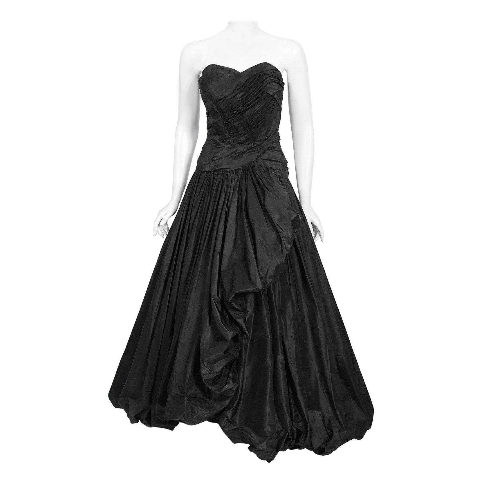 Vintage 1950s Nanty Couture Black Pleated Silk Taffeta Strapless Voluminous Gown