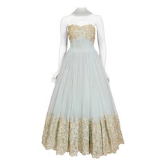 Vintage 1950's Kiviette Couture Ice Blue Tulle Metallic Gold Lace Strapless Gown