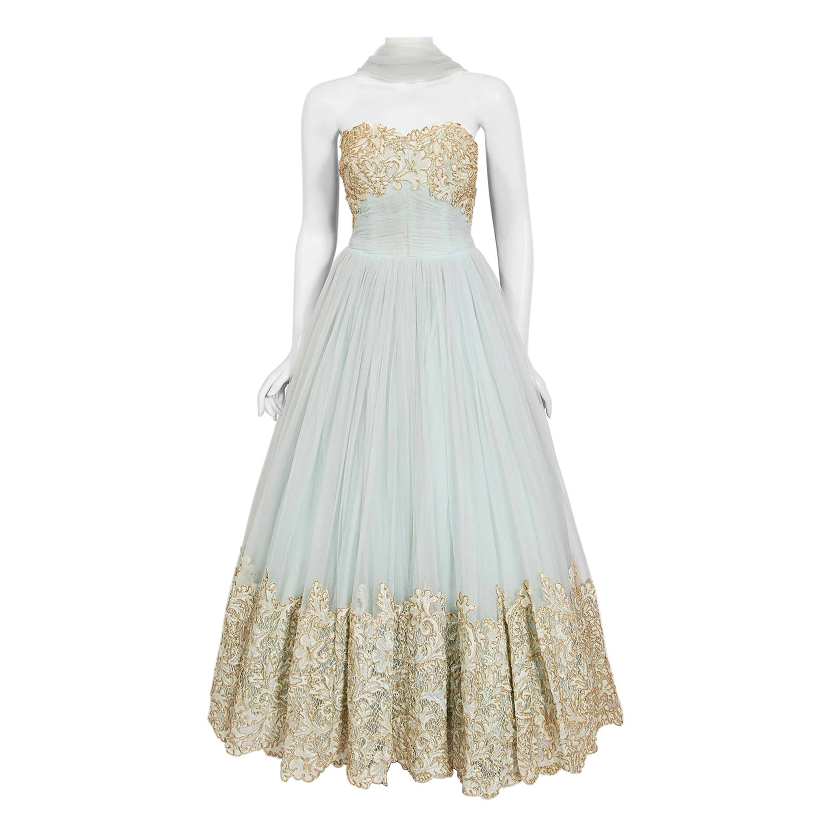 Vintage 1950's Kiviette Couture Ice Blue Tulle Metallic Gold Lace Strapless Gown