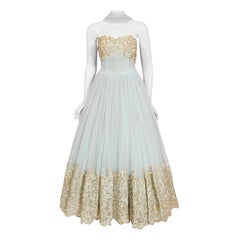 Vintage 1950's Kiviette Couture Ice Blue Tulle Metallic Gold Lace Strapless Gown