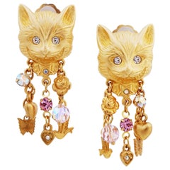 Gilded Cheshire Cat Figural Earrings With Charm Dangles By Kirks Folly, 1980s