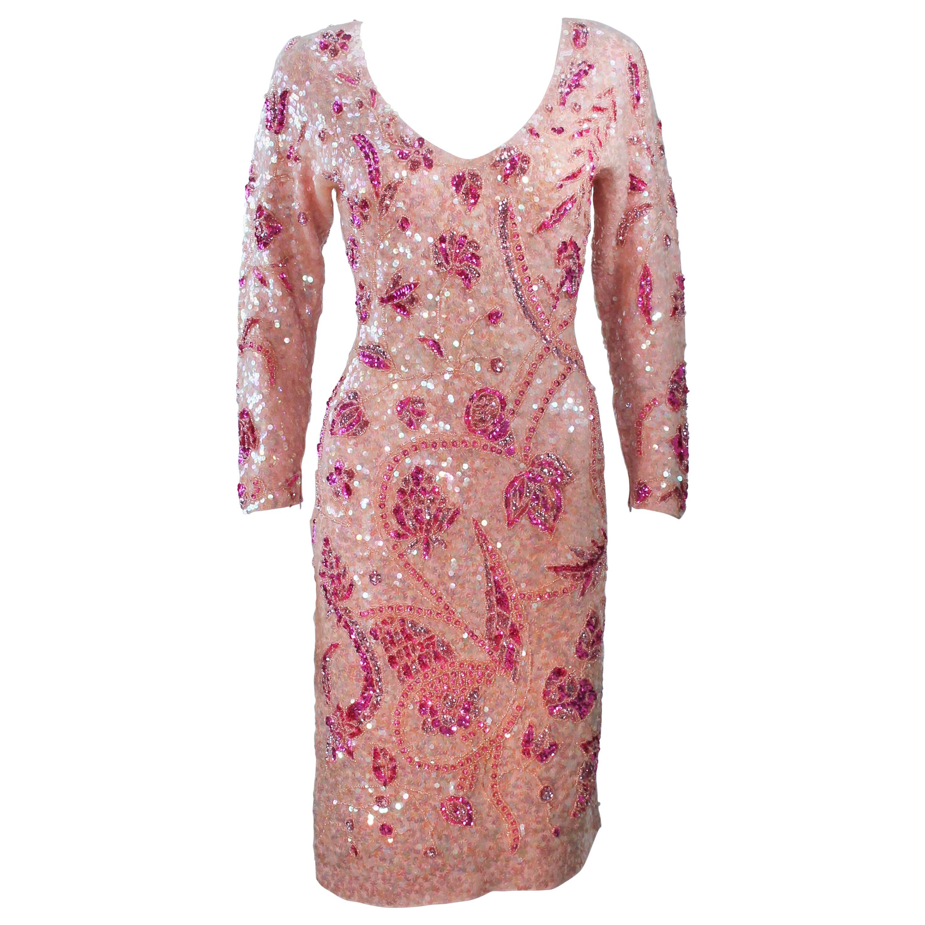 GENE SHELLY Pink Stretch Knit Beaded Wool Cocktail Dress Size 8-10 For Sale