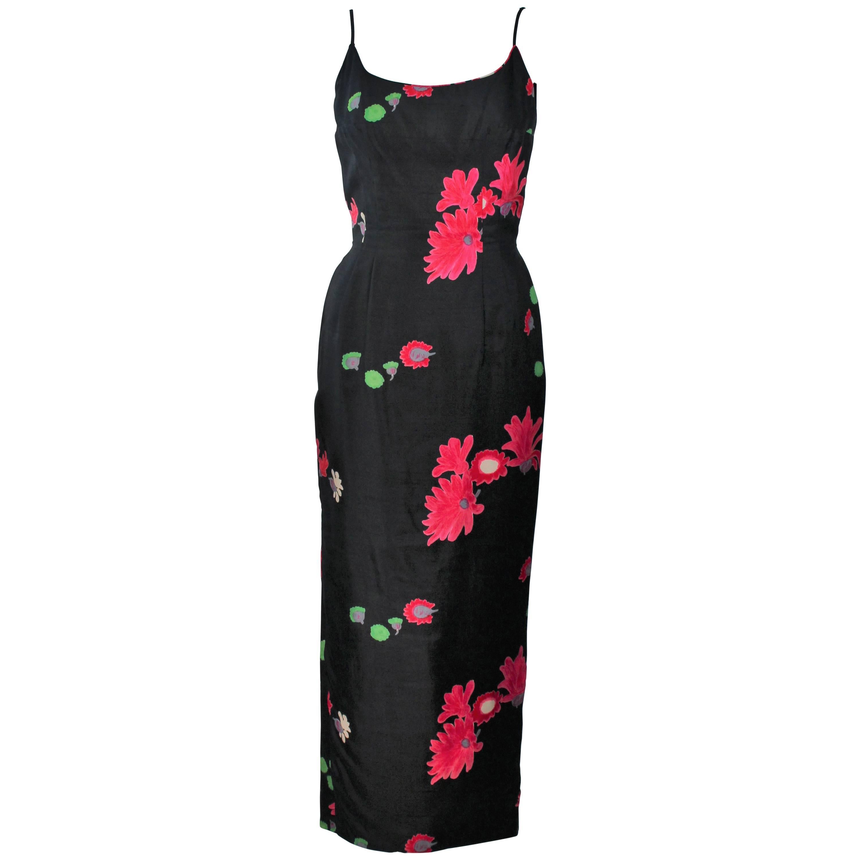 Vintage Black Floral Silk Gown with Pleat Detail Size 2-4 For Sale