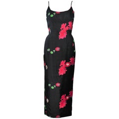 Vintage Black Floral Silk Gown with Pleat Detail Size 2-4