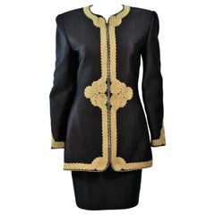 MARY MCFADDEN Black Silk Skirt Suit with Gold Embroidery Size 8