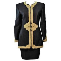 MARY MCFADDEN Black Silk Skirt Suit with Gold Embroidery Size 8 5