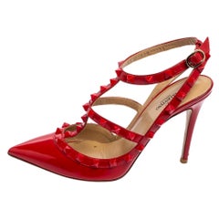 Valentino Red Patent Leather Rockstud Pointed Toe Ankle Strap Sandals Size 37.5